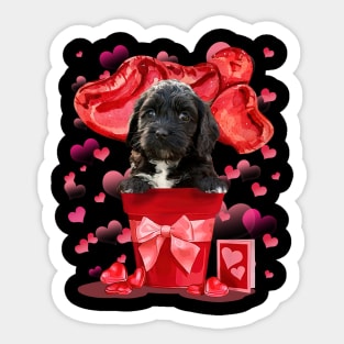 Black Cockapoo Dog In Red Pot Happy Valentine's Day Sticker